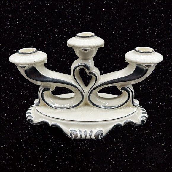 Vintage Mitterteich Bavaria Germany 3 Way Candle Stick Holder Ceramic 8”W 5.5”T - Picture 4 of 15
